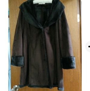 Calvin Klein suede coat with faux fur lining.